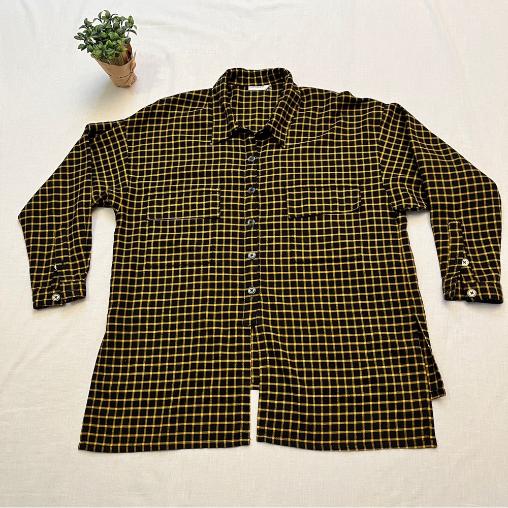 Vintage Henri Bendel Plaid Button-Up Shirt Black & Yellow Gold S - Picture 4 of 10